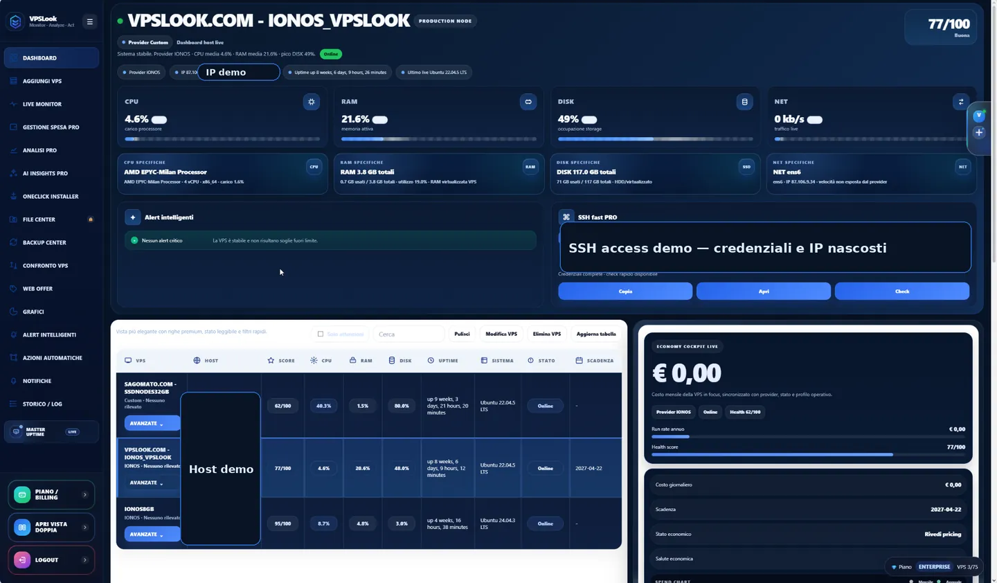 Screenshot reale dashboard VPSLook